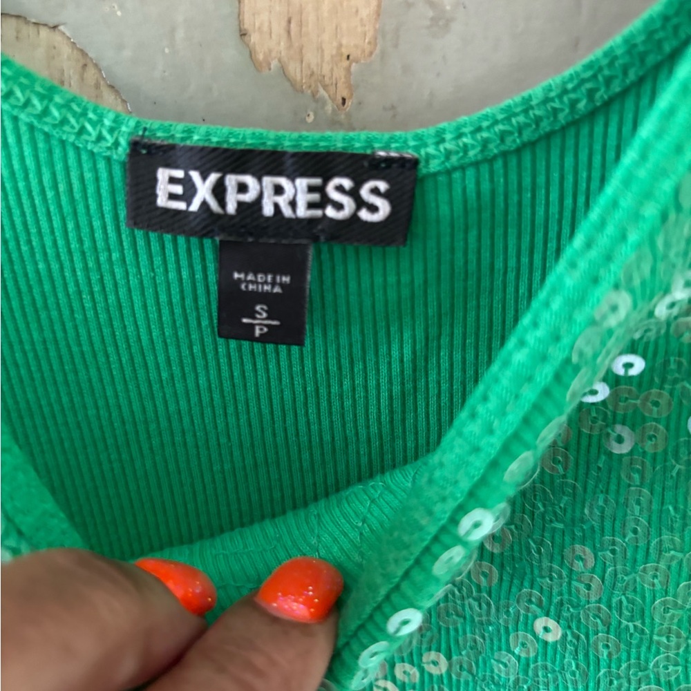 Express Green Sequin Tank Top - Sleeveless Scoop Neck - Picture 2 of 3
